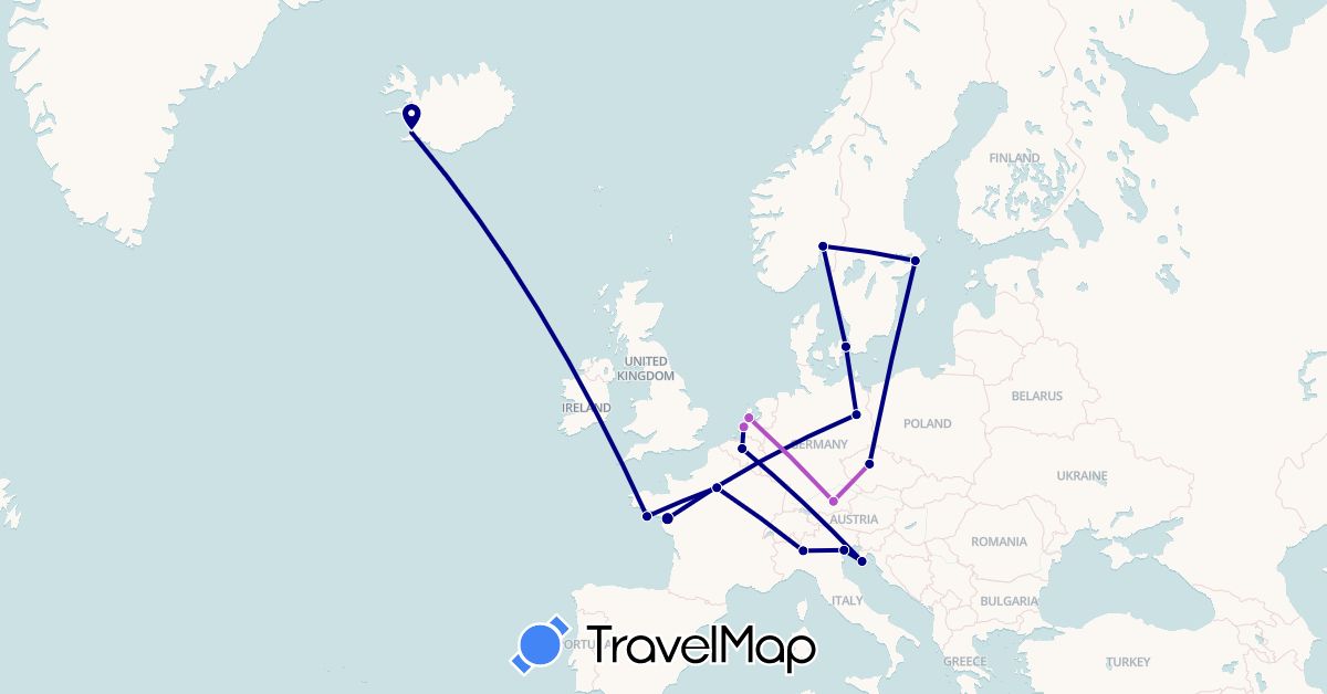 TravelMap itinerary: driving, train in Belgium, Czech Republic, Germany, Denmark, France, Croatia, Iceland, Italy, Netherlands, Norway, Sweden (Europe)
